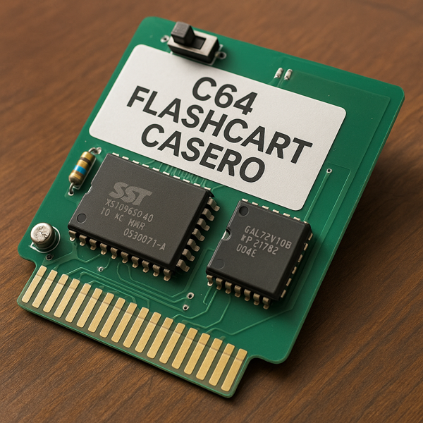 Cartucho flash casero para Commodore 64 armado con chip SST39SF040 y GAL22V10, sobre una mesa de trabajo