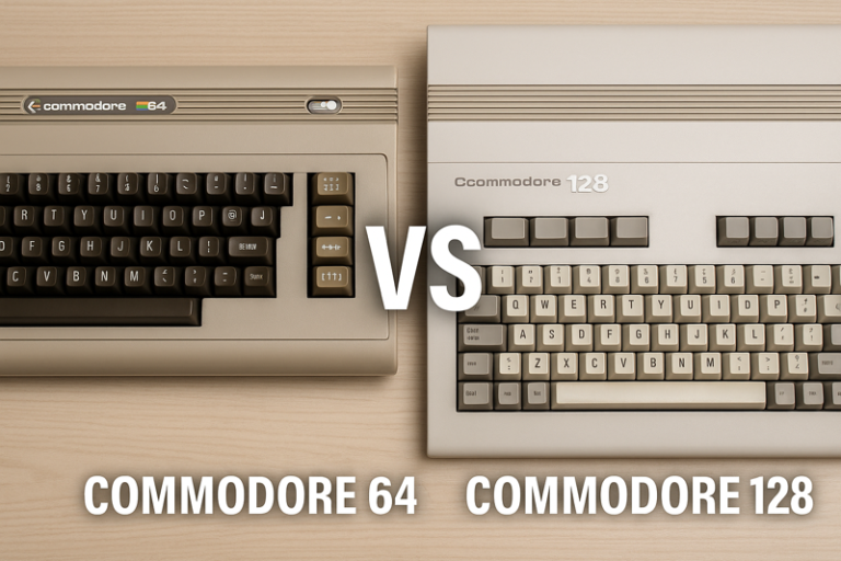 Fotografía de comparación entre un Commodore 64 y un Commodore 128 sobre una mesa de madera, destacando diferencias de diseño y teclado entre ambos modelos