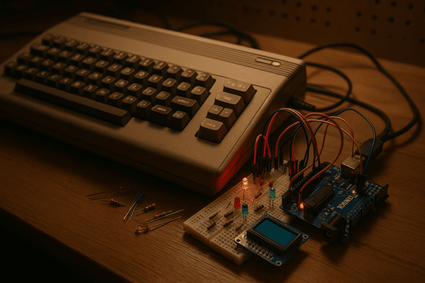 Fotografía de un computador Commodore 64 conectado a una placa Arduino con LEDs y resistencias, mostrando una integración entre tecnología clásica y moderna sobre una mesa de trabajo