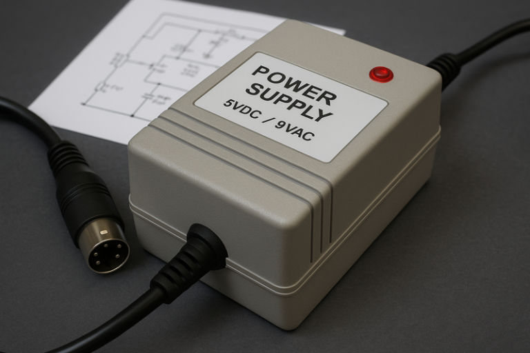 Fuente de poder restaurada para Commodore 64, con carcasa gris, LED rojo y conector DIN de 7 pines, junto a un esquema eléctrico impreso