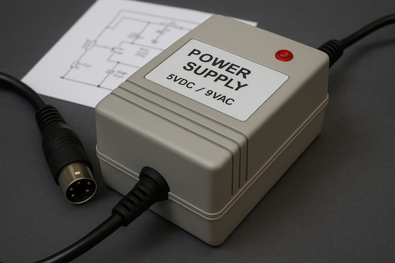 Fuente de poder restaurada para Commodore 64, con carcasa gris, LED rojo y conector DIN de 7 pines, junto a un esquema eléctrico impreso