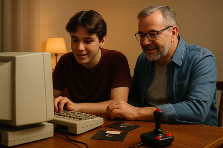 Fotografía de un padre y su hijo usando un computador retro estilo Commodore 64, con disquetes y joystick sobre la mesa, compartiendo un momento educativo y nostálgico