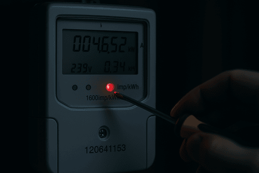 Un medidor digital encendido, con una luz roja parpadeando, y una mano apuntando con un destornillador sin tocar. Ambiente nocturno o con sombras para hacerlo llamativo.