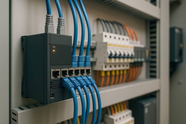 Imagen de un panel eléctrico industrial moderno con un PLC conectado a múltiples cables Ethernet azules, resaltando componentes de automatización actual.