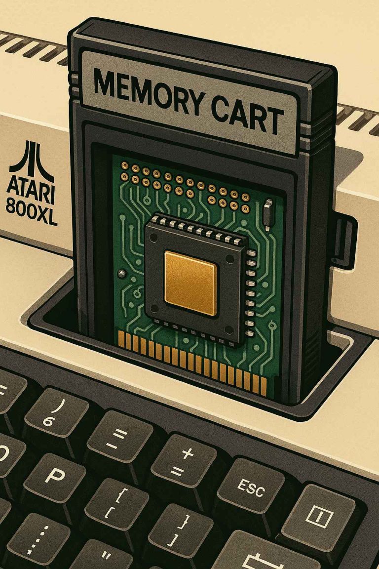 Memory Cart para Atari 800XL insertado en el puerto de cartuchos, mostrando el PCB y el chip flash