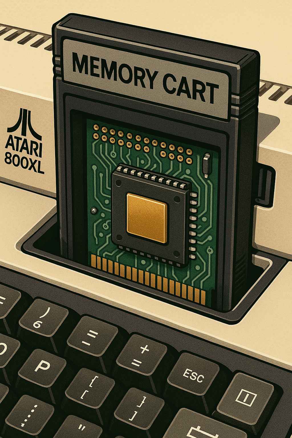 Memory Cart para Atari 800XL insertado en el puerto de cartuchos, mostrando el PCB y el chip flash