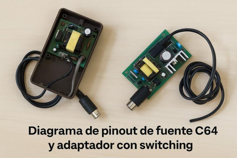 Fuente original abierta del Commodore 64 junto a un adaptador switching moderno con conectores DIN, sobre fondo de madera clara.