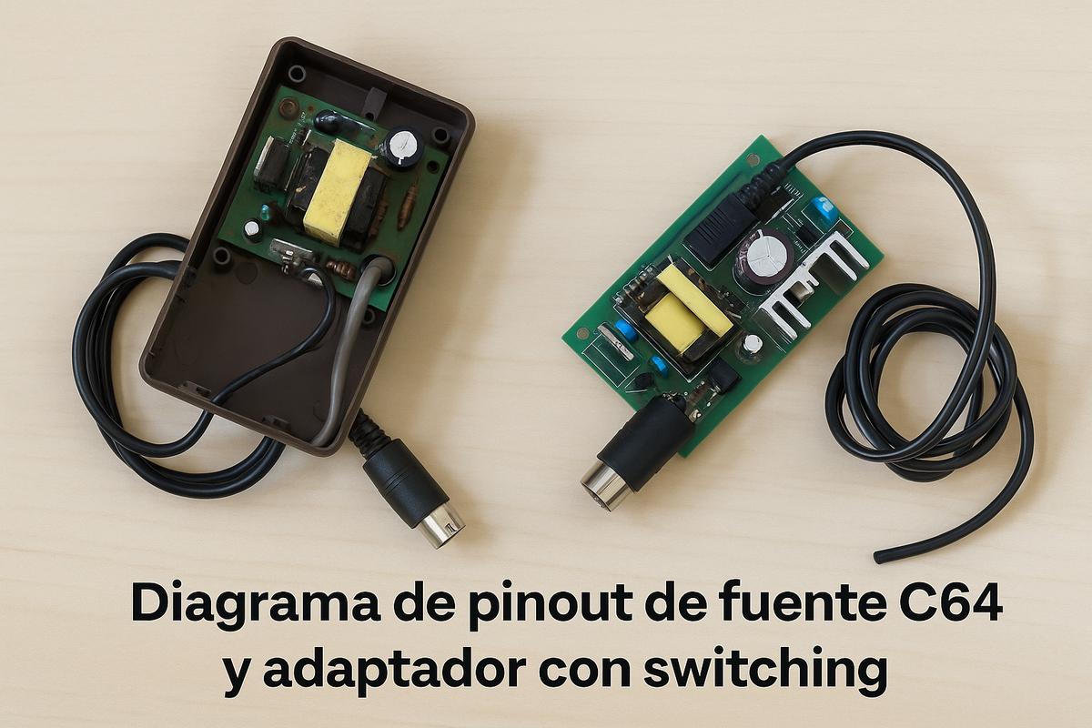 Fuente original abierta del Commodore 64 junto a un adaptador switching moderno con conectores DIN, sobre fondo de madera clara.