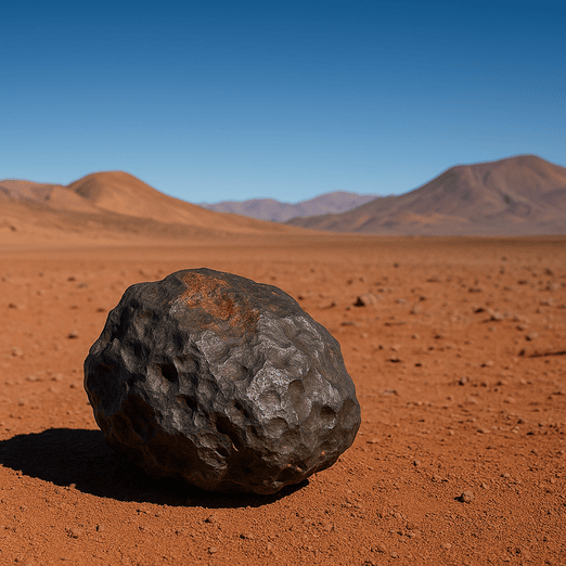 Meteorito metálico encontrado en el desierto de Atacama, Chile, descansando sobre la arena rojiza.