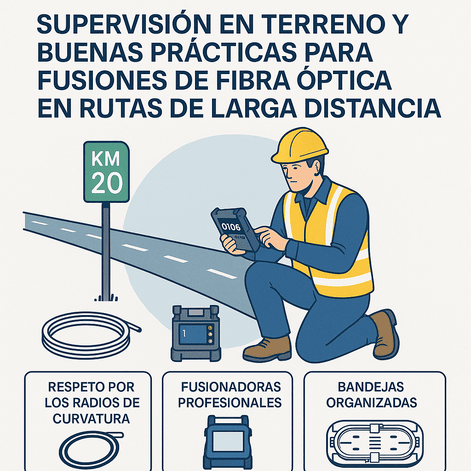 Infografía en español que muestra a un técnico supervisando fusiones de fibra óptica en rutas de larga distancia, destacando buenas prácticas como el respeto por los radios de curvatura, el uso de fusionadoras profesionales y la organización en bandejas.